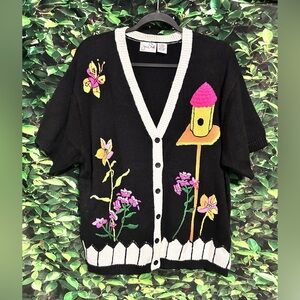 Joan Steele Embroidered Birdhouse Floral Sweater Short Sleeve Womens 1X Black